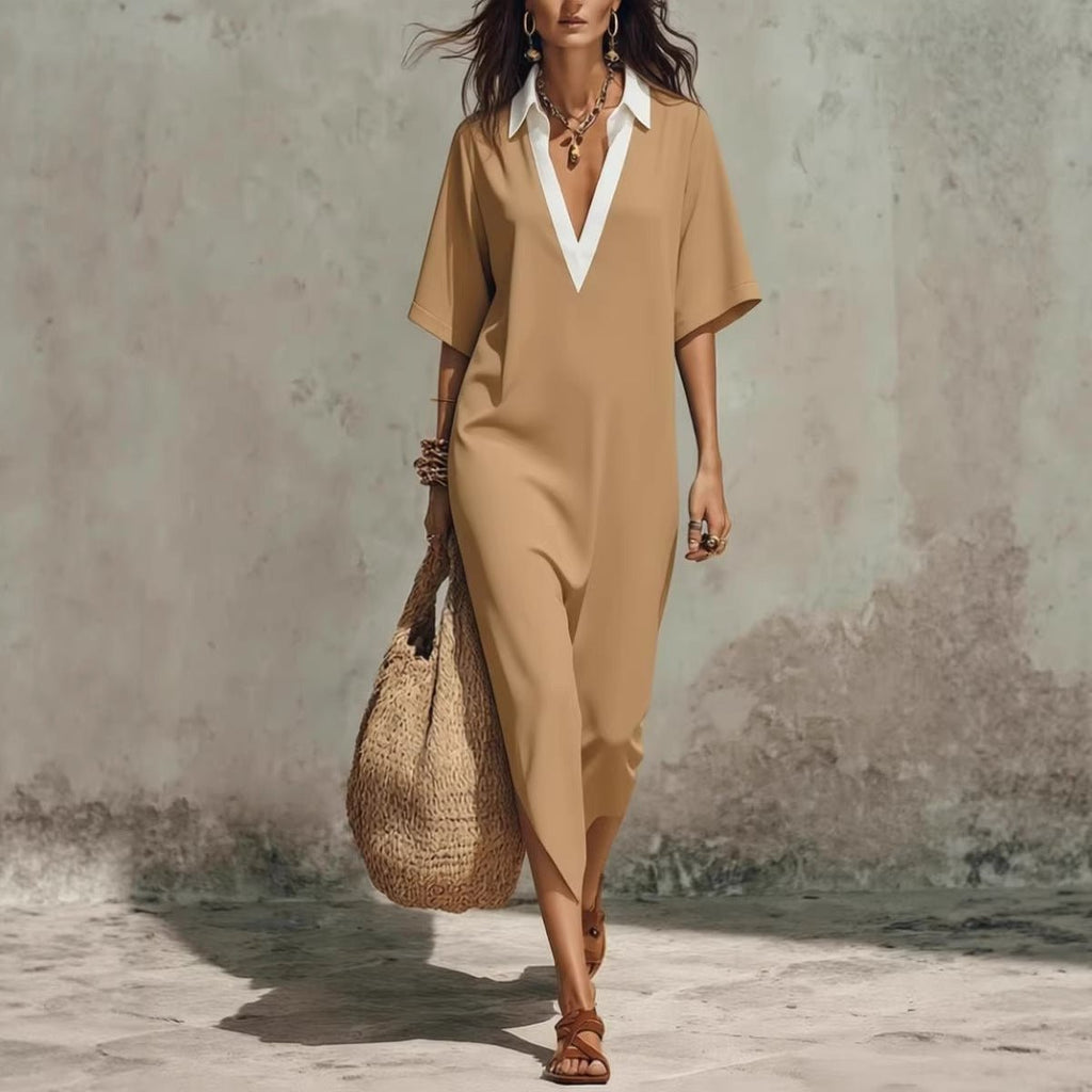 Women's V-neck loose linen midi dress with cropped sleeves and pockets, casualwear by Plush Fashion Hub.