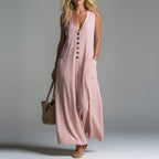 Women's V-neck sleeveless button-up pencil dress in casualwear style by Plush Fashion Hub, shown on a model.