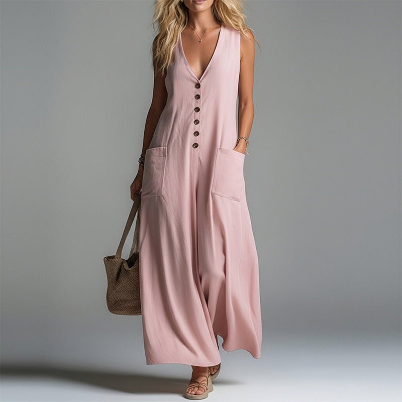 Women's V-neck sleeveless button-up pencil dress in casualwear style by Plush Fashion Hub, shown on a model.