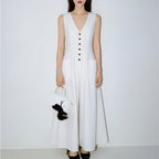Women's V-neck sleeveless button-up pencil dress by Plush Fashion Hub, casualwear style, shown on a model with a fitted silhouette.