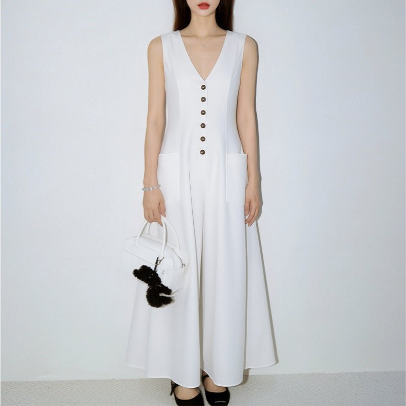 Women's V-neck sleeveless button-up pencil dress by Plush Fashion Hub, casualwear style, shown on a model with a fitted silhouette.