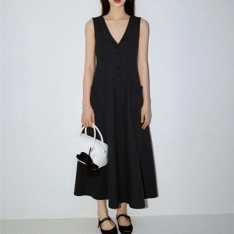 Women's sleeveless V-neck pencil dress by Plush Fashion Hub, casualwear with button-up front, fitted style, suitable for warm weather.