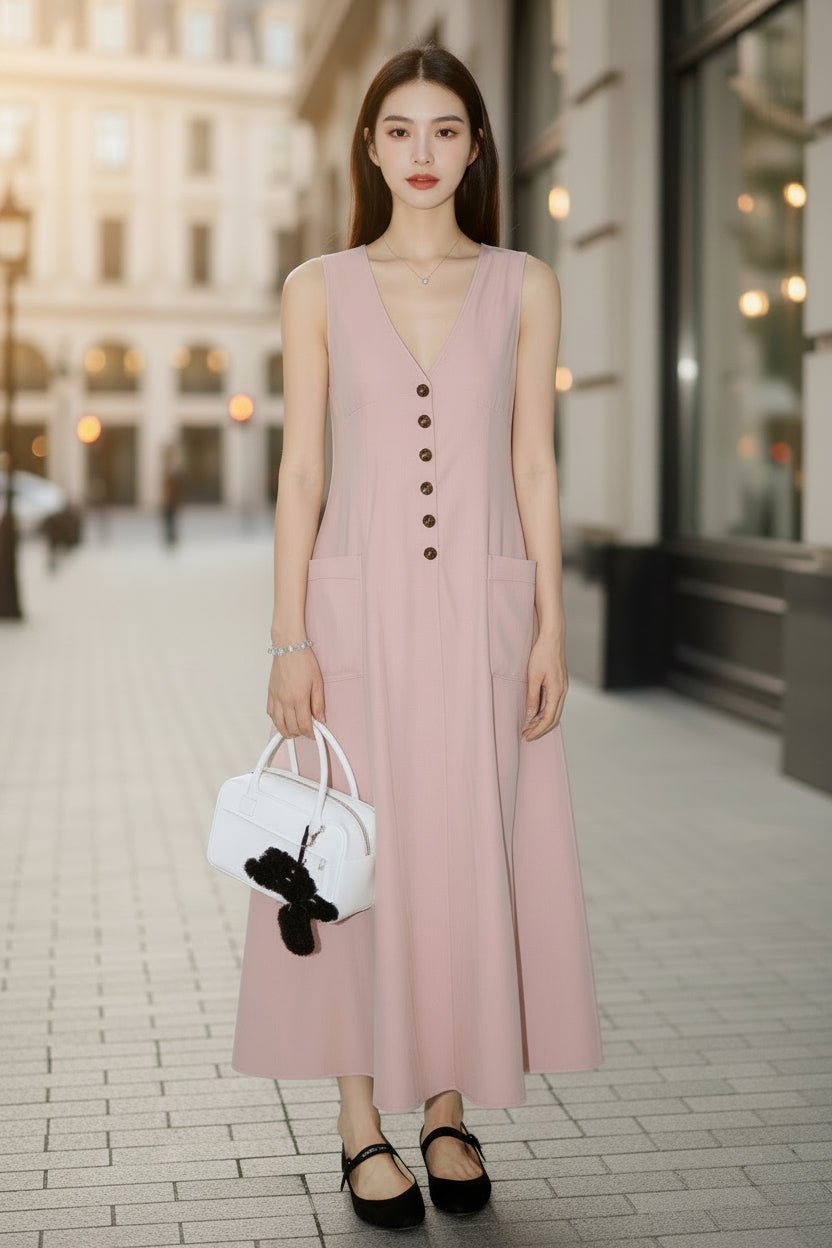 Women's sleeveless V-neck pencil dress by Plush Fashion Hub, casualwear style with button-up front and fitted silhouette.