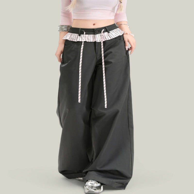 Women’s vintage lace panel casual pants by Plush Fashion Hub, featuring relaxed streetwear style with lace accents and comfortable fit.