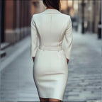Women's white belted blazer dress by Plush Fashion Hub, slim fit office casualwear styled for professional or chic occasions.