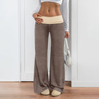 Women’s wide-leg patchwork pants in casualwear style from Plush Fashion Hub, featuring colorful patchwork design and relaxed fit.