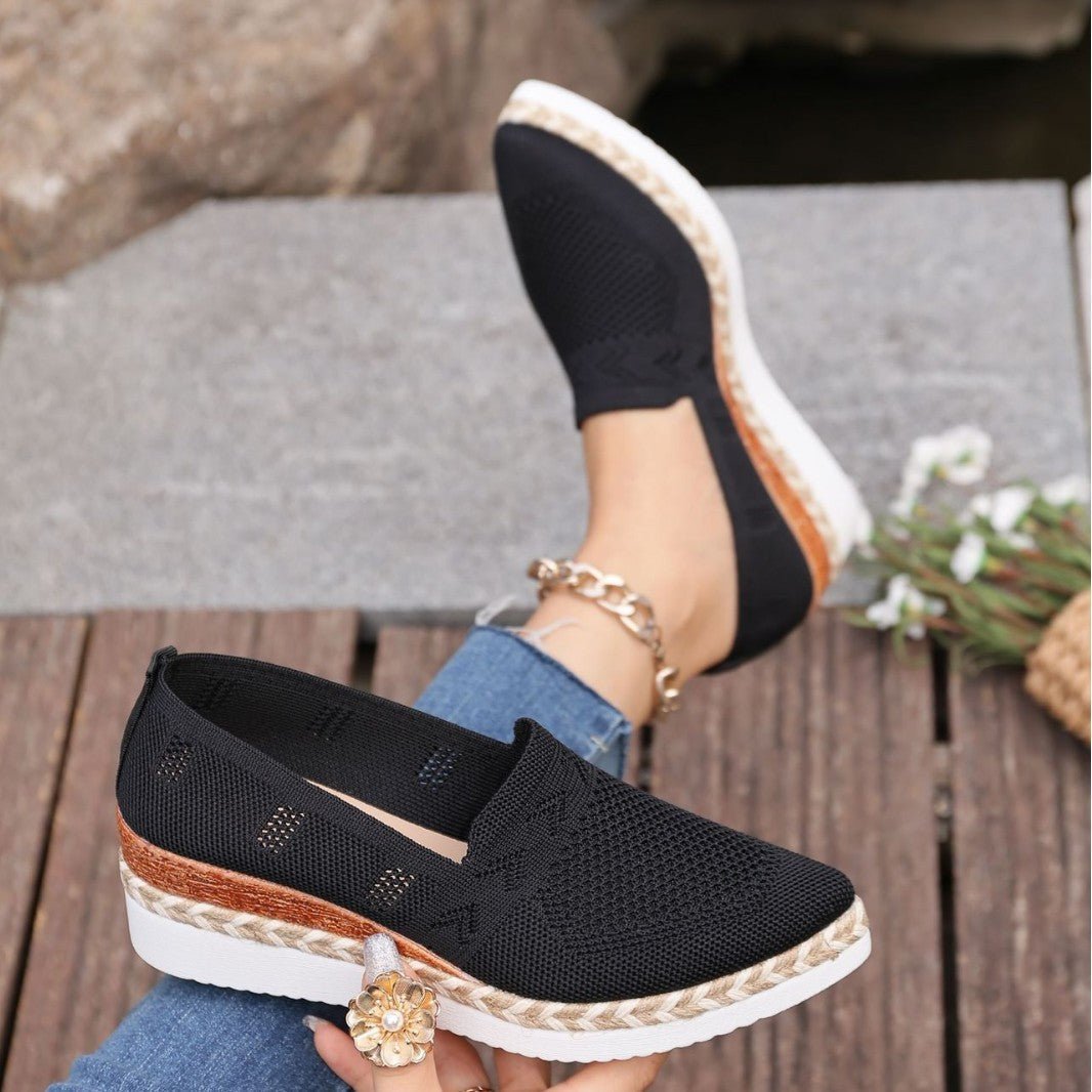 Women’s woven rope platform snakeskin flats with pointed toes, stylish trendy footwear by Plush Fashion Hub.
