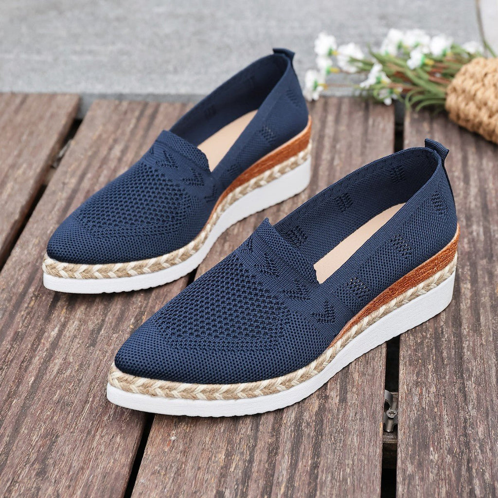 Women’s woven rope platform snakeskin pointed-toe flats by Plush Fashion Hub, stylish trendy footwear with textured design.