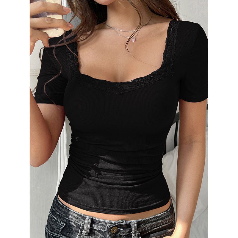 Women’s Y2K lace-trim slim fit tee by Plush Fashion Hub, casual U-neck short sleeve top with delicate lace details.