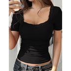 Women’s Y2K lace-trim slim fit tee by Plush Fashion Hub, casual U-neck short sleeve top with delicate lace details.