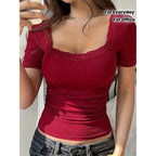 Women’s Y2K lace trim slim fit U-neck short sleeve tee by Plush Fashion Hub, casualwear top with delicate lace accents.