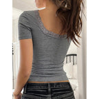 Women’s Y2K lace trim slim fit U-neck short sleeve tee by Plush Fashion Hub, casualwear top with delicate lace details.