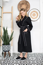 Women’s lightweight waffle piping bathrobe from Plush Fashion Hub, featuring spa-style comfort and cozy, textured fabric.