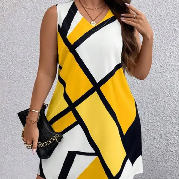 Women’s sleeveless V-neck dress with geometric print from Trendy Attic Store01, featuring a stylish, modern design.