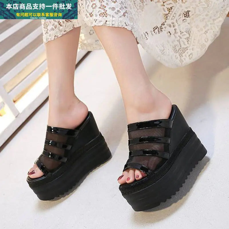 Women wedge heel platform sandals and rhinestone slippers with stylish design, perfect for summer fashion.