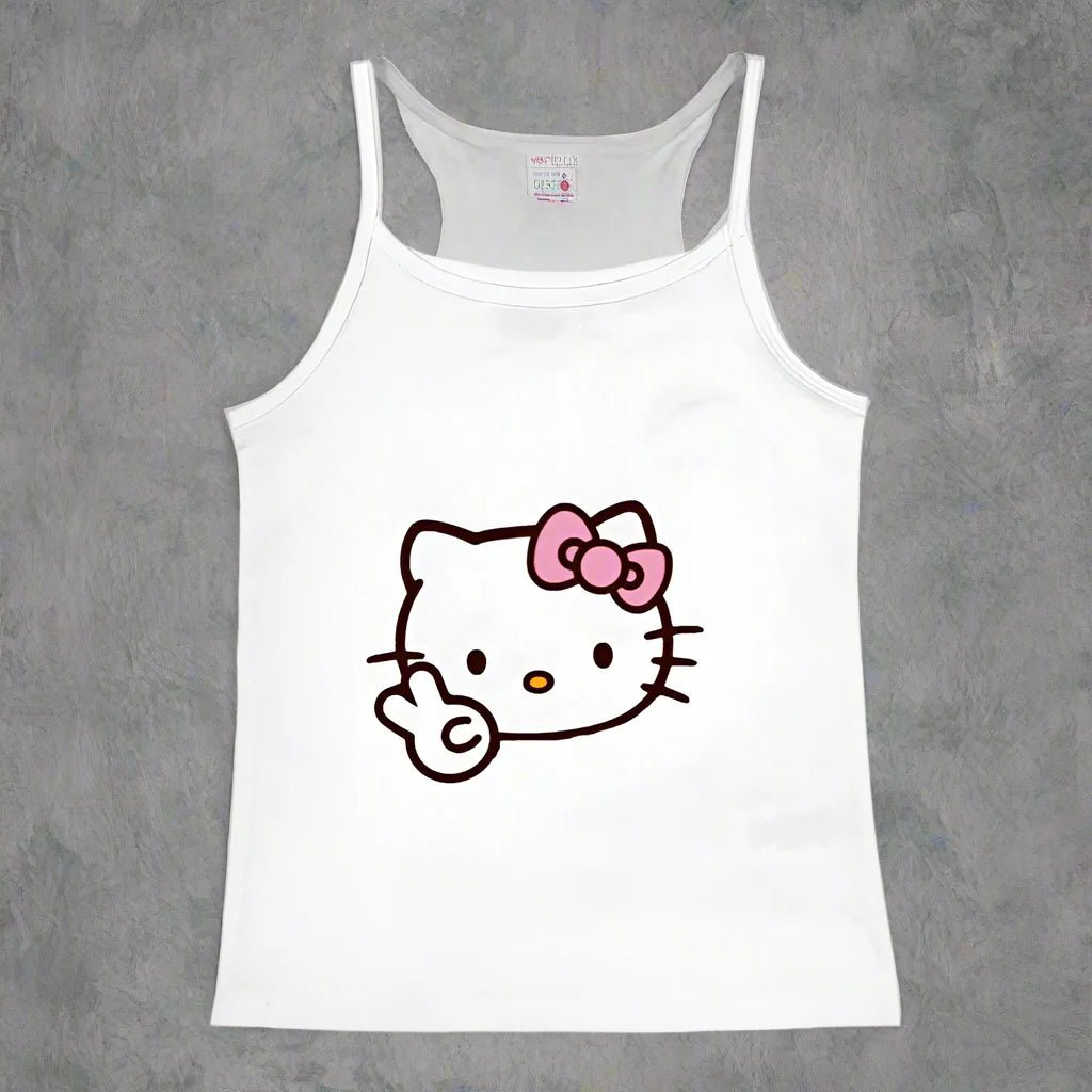 Y2K Hello Kitty crop top by Plush Fashion Hub featuring vintage punk and emo girl style, casual wear tank top with colorful Hello Kitty design.