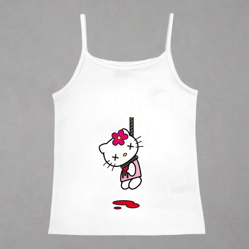 Y2K Hello Kitty crop top by Plush Fashion Hub featuring vintage punk style, casualwear for emo girls with colorful Hello Kitty graphic.