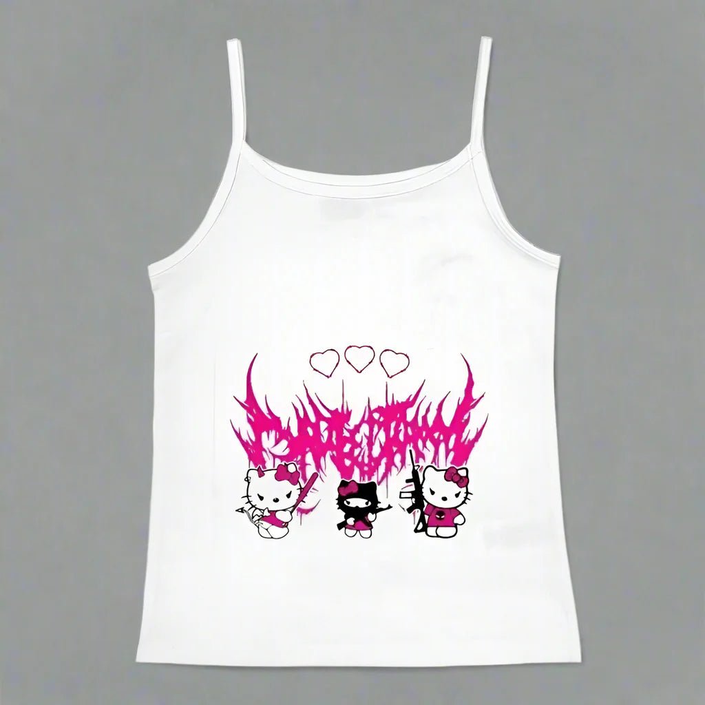 Y2K Hello Kitty crop top by Plush Fashion Hub, vintage punk tank top with colorful Hello Kitty design for emo and casual wear.