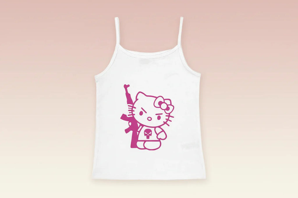 Y2K Hello Kitty crop top by Plush Fashion Hub, vintage punk tank top with Hello Kitty design, casualwear for emo girls.