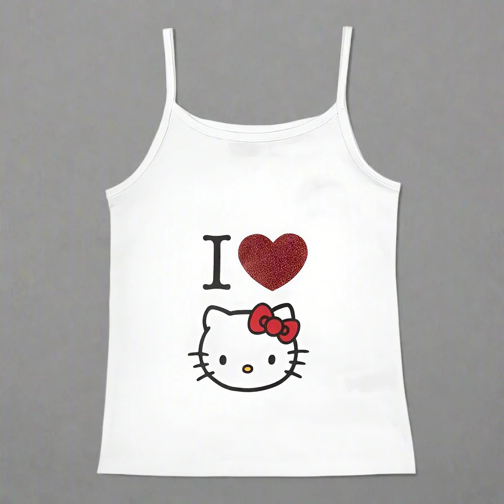 Y2K Hello Kitty crop top by Plush Fashion Hub, vintage punk style casualwear for emo girls, featuring colorful Hello Kitty graphic.
