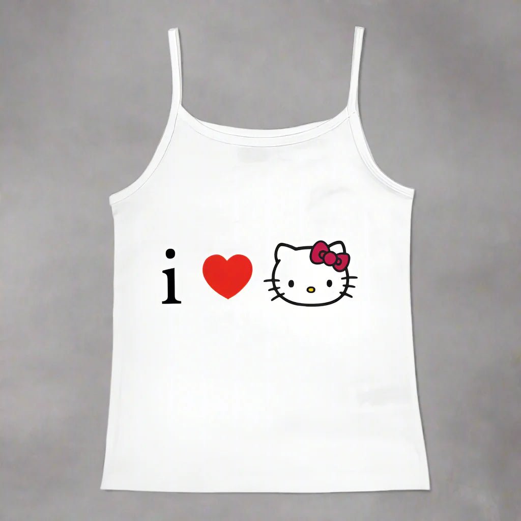Y2K Hello Kitty crop top by Plush Fashion Hub featuring vintage punk style, casualwear for emo girls with colorful Hello Kitty graphic.