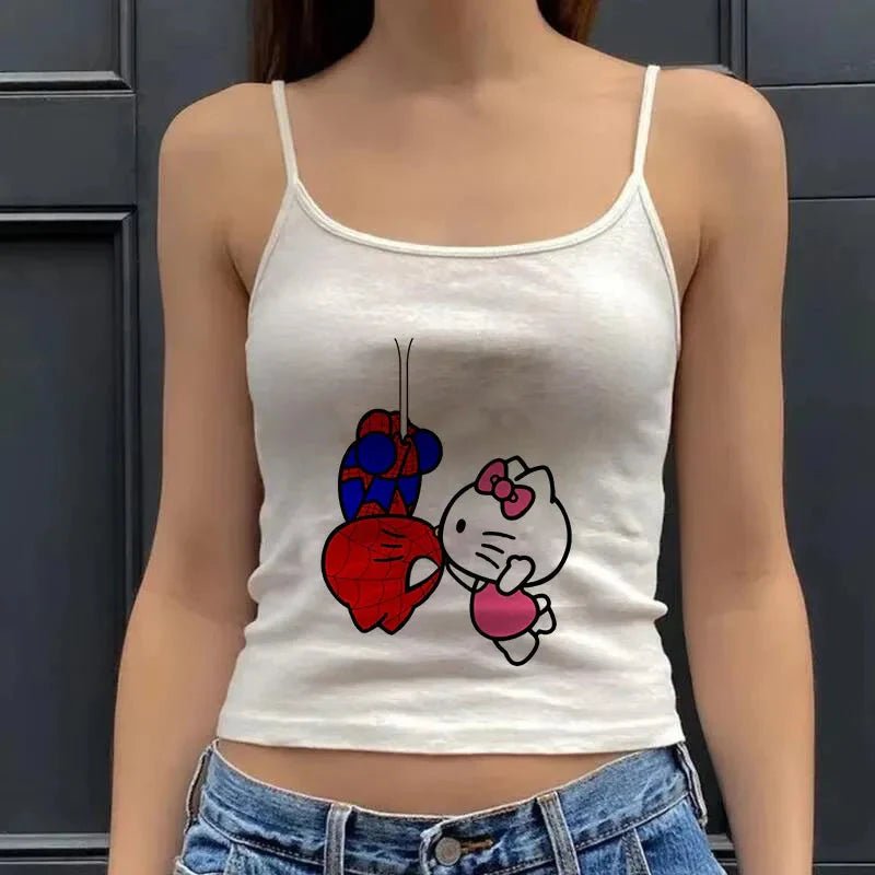 Y2K Hello Kitty crop top by Plush Fashion Hub, vintage punk-inspired casualwear tank for emo girls with colorful Hello Kitty design.