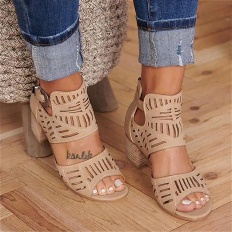 Women's cutout floral chunky heels sandals with open toes and ankle straps, stylishly designed by Trendy Attic Store01.