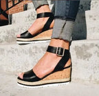 Women’s wedge heel sandals with buckle closure, stylish Trendy Attic Store01 footwear featuring comfortable straps and a chic design.