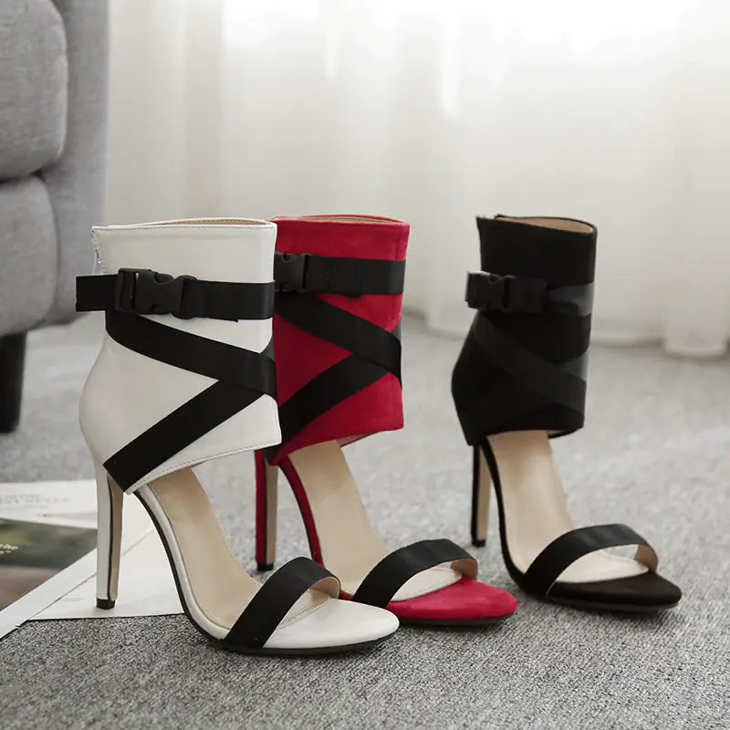 Elegant summer women's peep-toe strappy high heels by Plush Fashion Hub featuring stylish open-toe design and high heel silhouette.