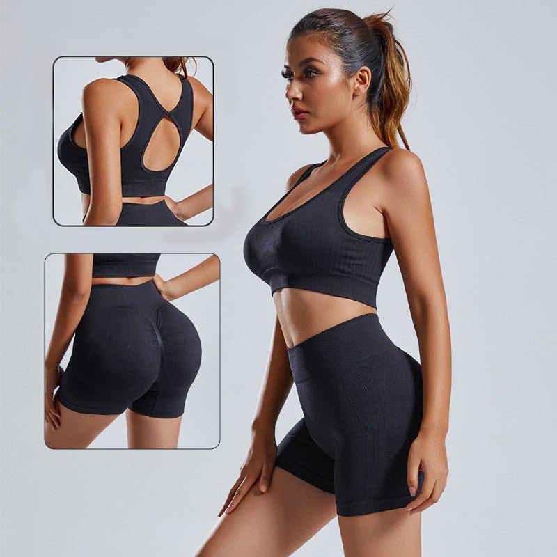 Women’s yoga set with a sleeveless vest and matching shorts from Plush Fashion Hub, designed for activewear and comfortable movement.