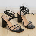 Women's simple square head strappy high heels in black with thin ankle straps, stylish women shoes from Trendy Attic Store01.