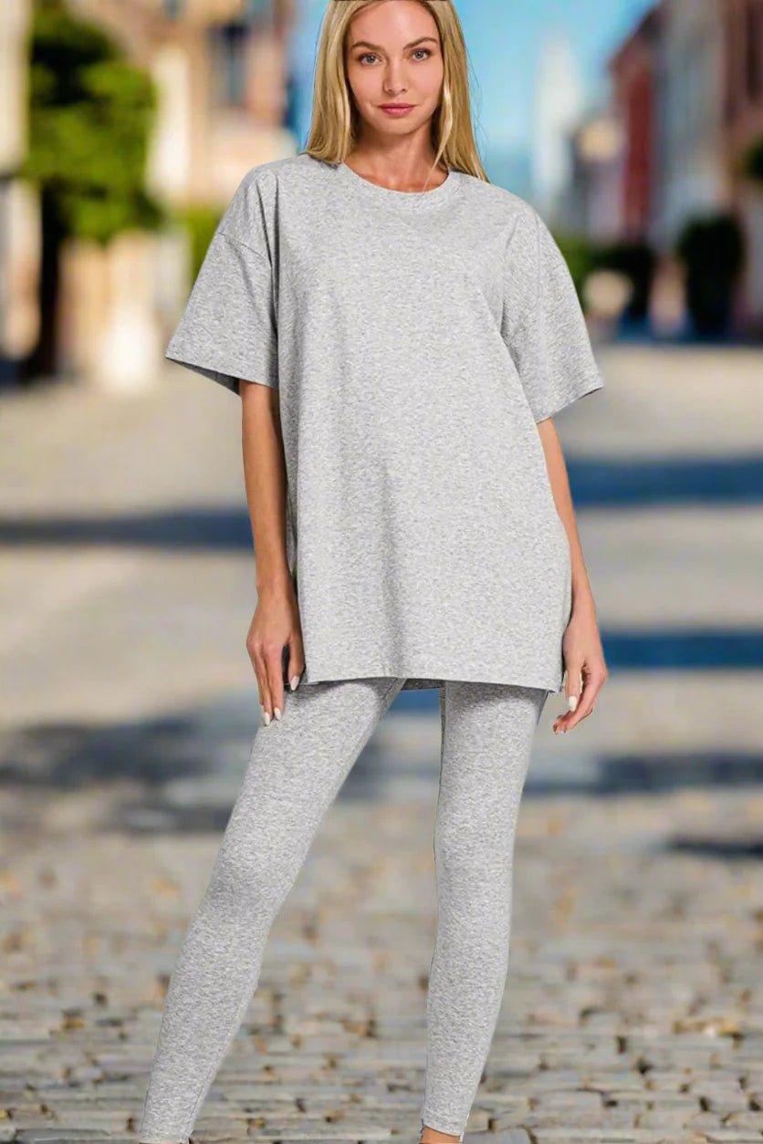Cotton round neck top and legging set by Plush Fashion Hub, casualwear in matching comfortable fabric for everyday wear.