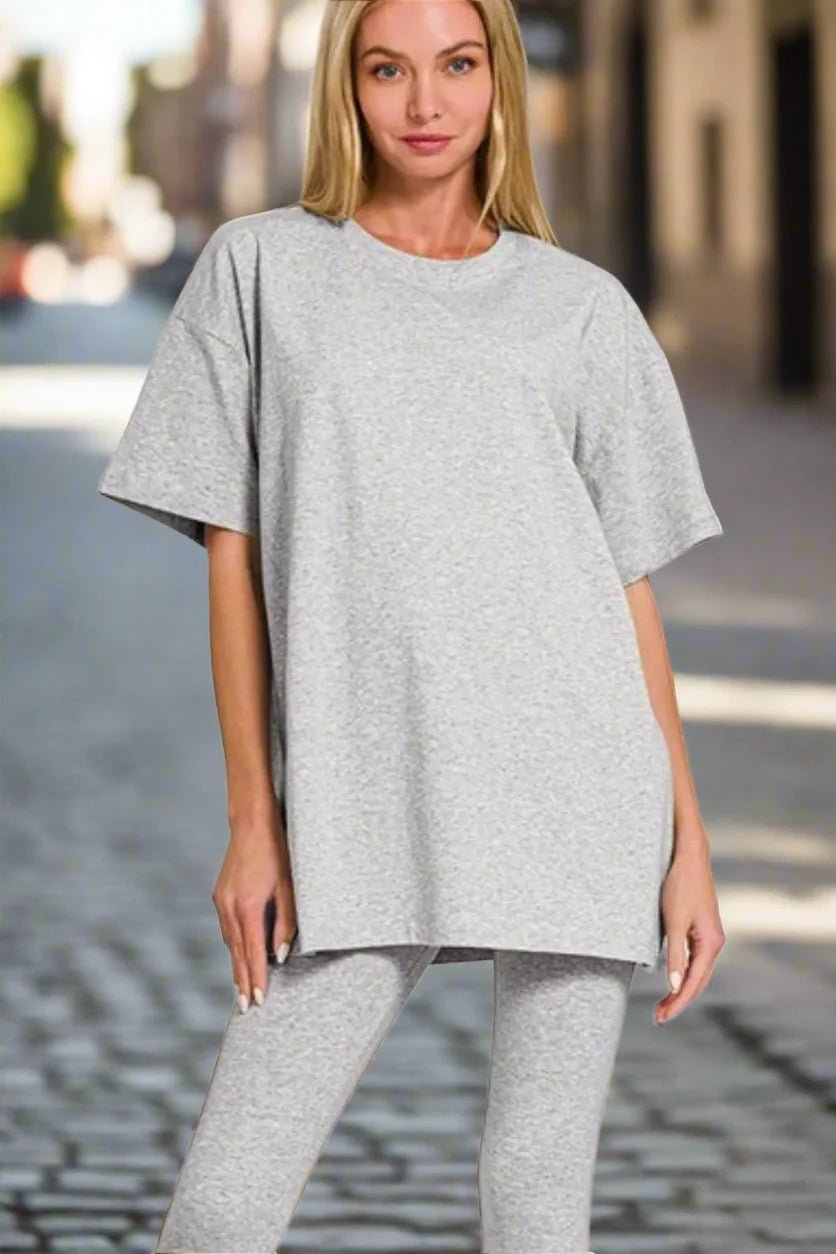 Cotton round neck top and matching leggings set from Zenana in casualwear style, featuring comfortable fabric and a relaxed fit.