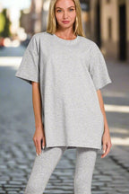 Cotton round neck top and matching leggings set from Zenana in casualwear style, featuring comfortable fabric and a relaxed fit.