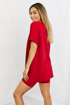 Women’s brushed V-neck lounge top and biker shorts set in burgundy, soft and comfortable women’s apparel by Trendsi.